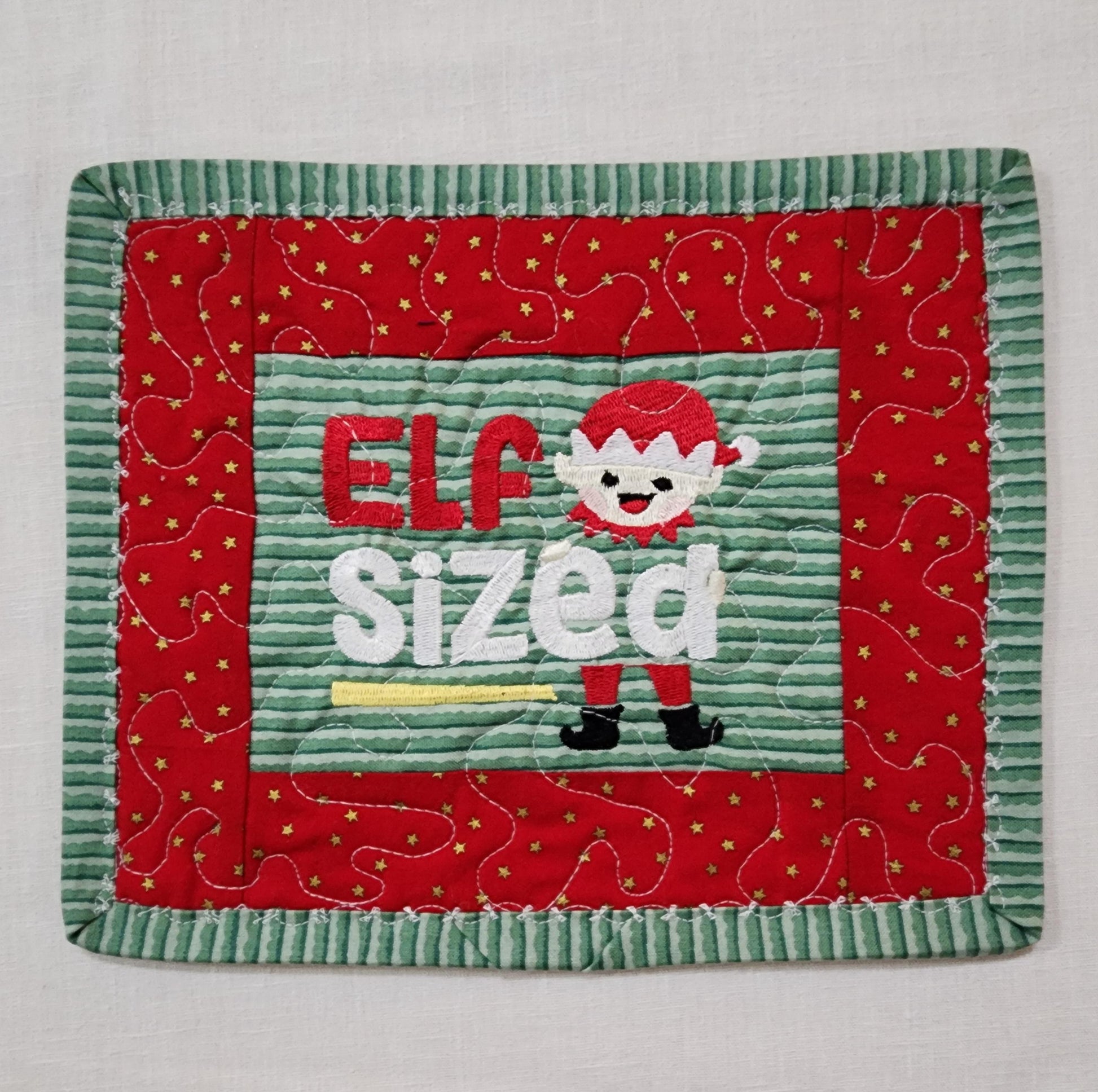 Quilted Mug Rug • “Elf Sized” • Holiday Coffee Mat • Christmas Stocking Stuffer