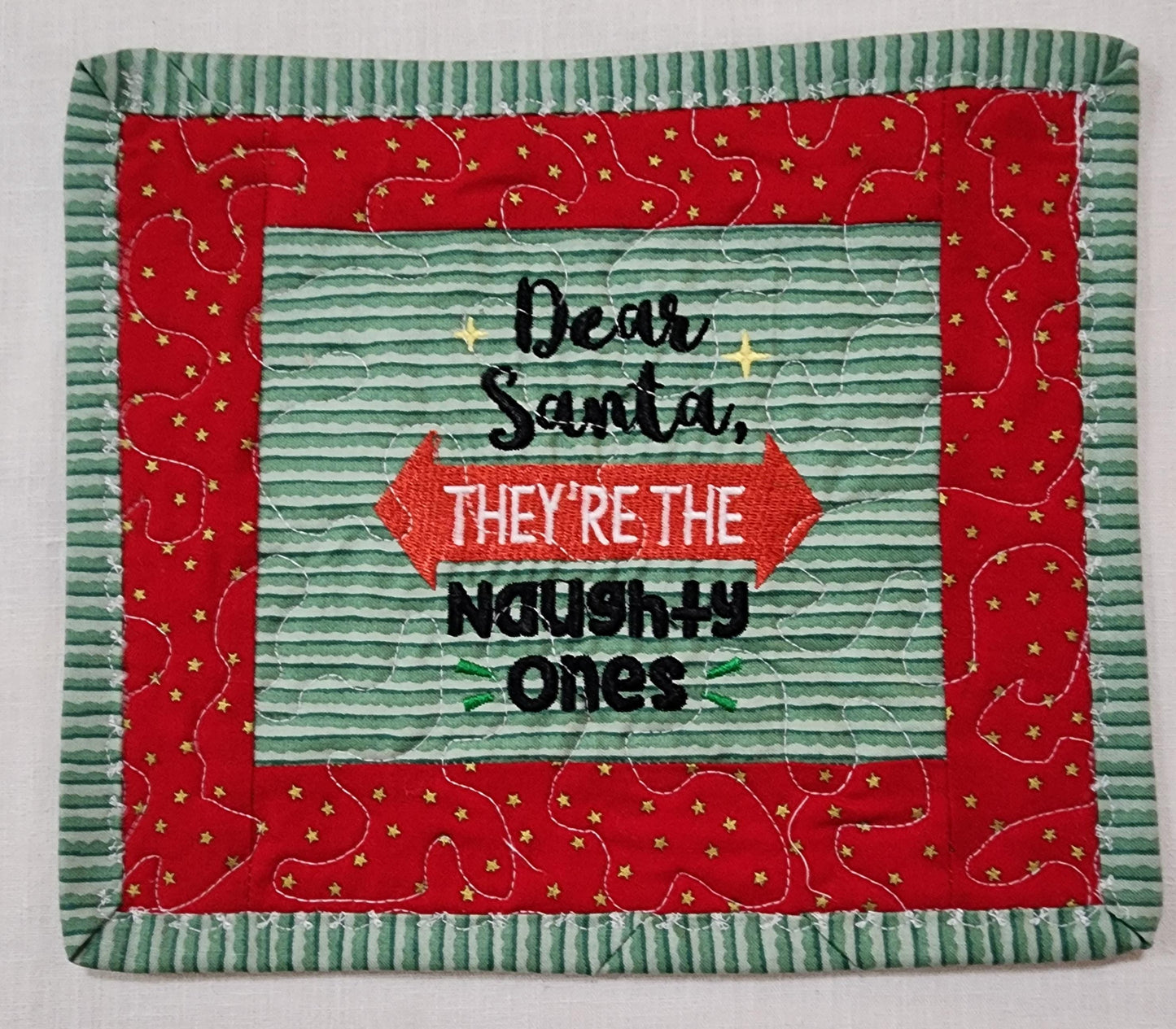 Holiday Mug Rug “Dear Santa, They’re the Naughty Ones” Quilted Coffee Mat