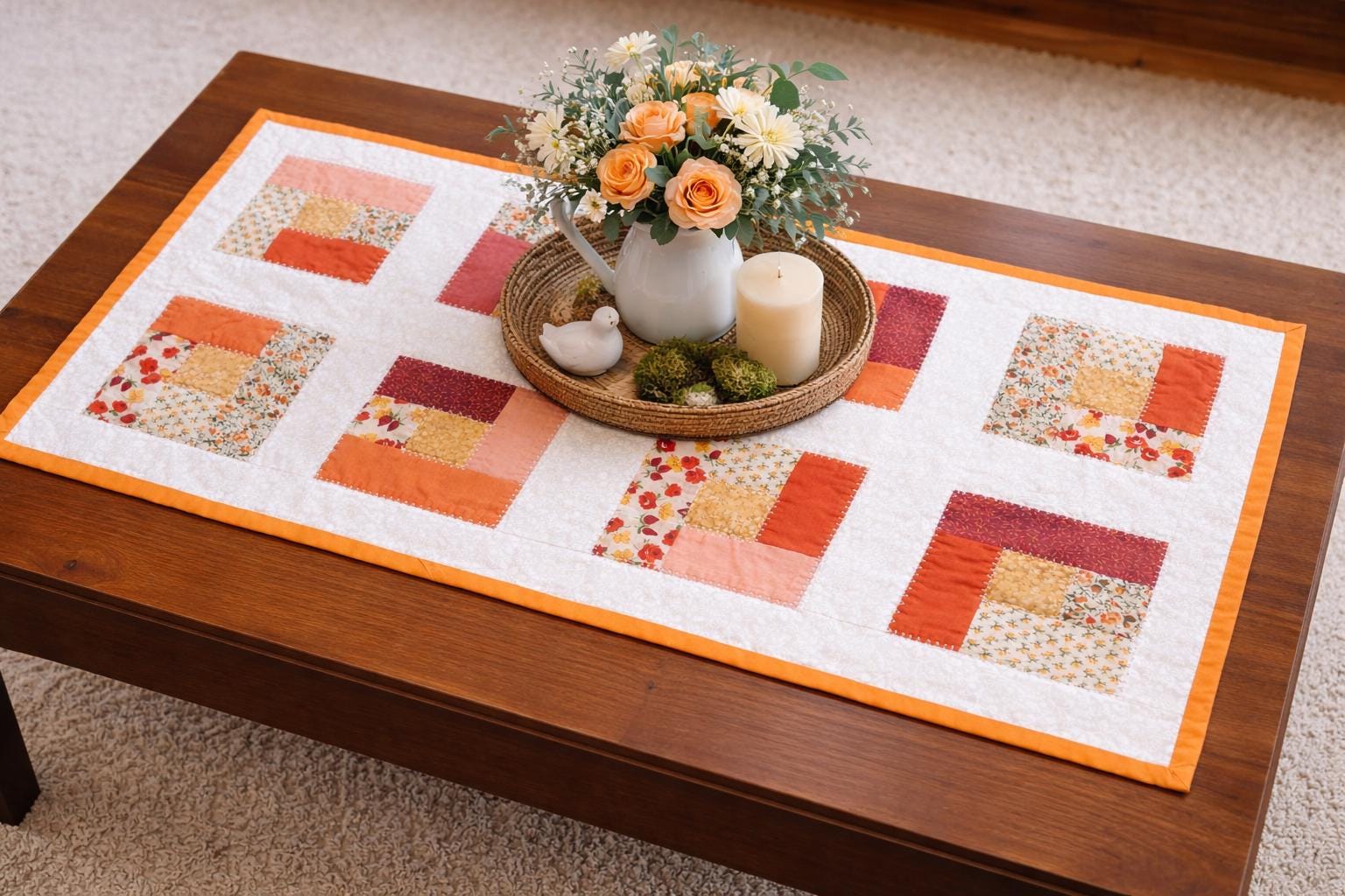 Handmade Log Cabin Patchwork Table Runner: Orange & Yellow Quilted Topper