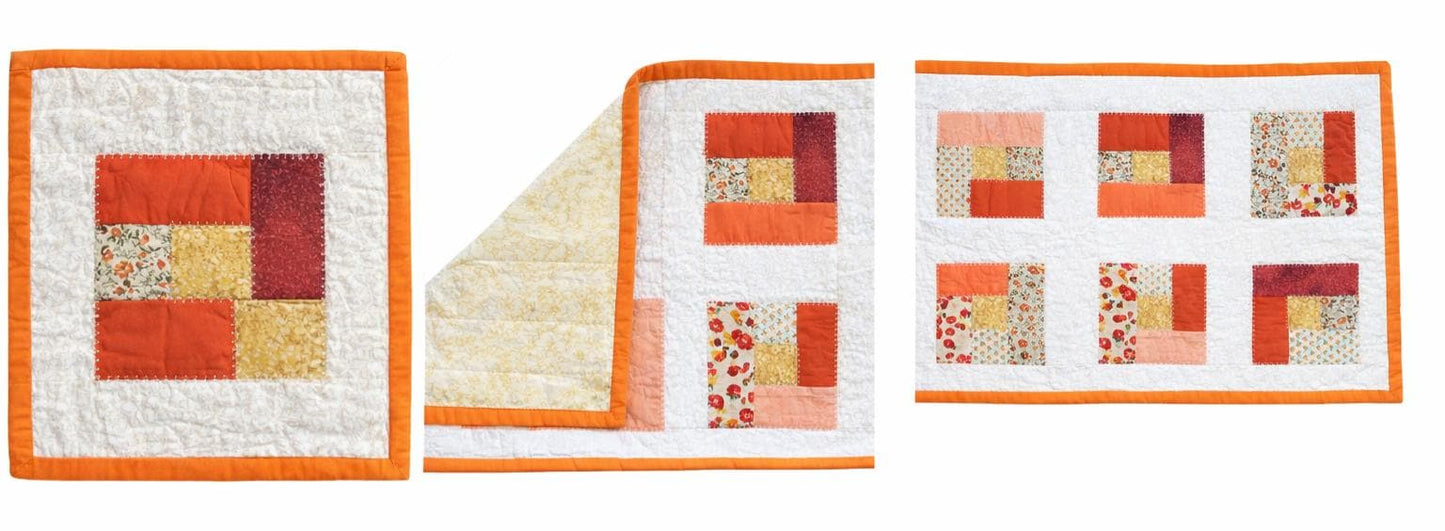 Handmade Log Cabin Patchwork Table Runner: Orange & Yellow Quilted Topper