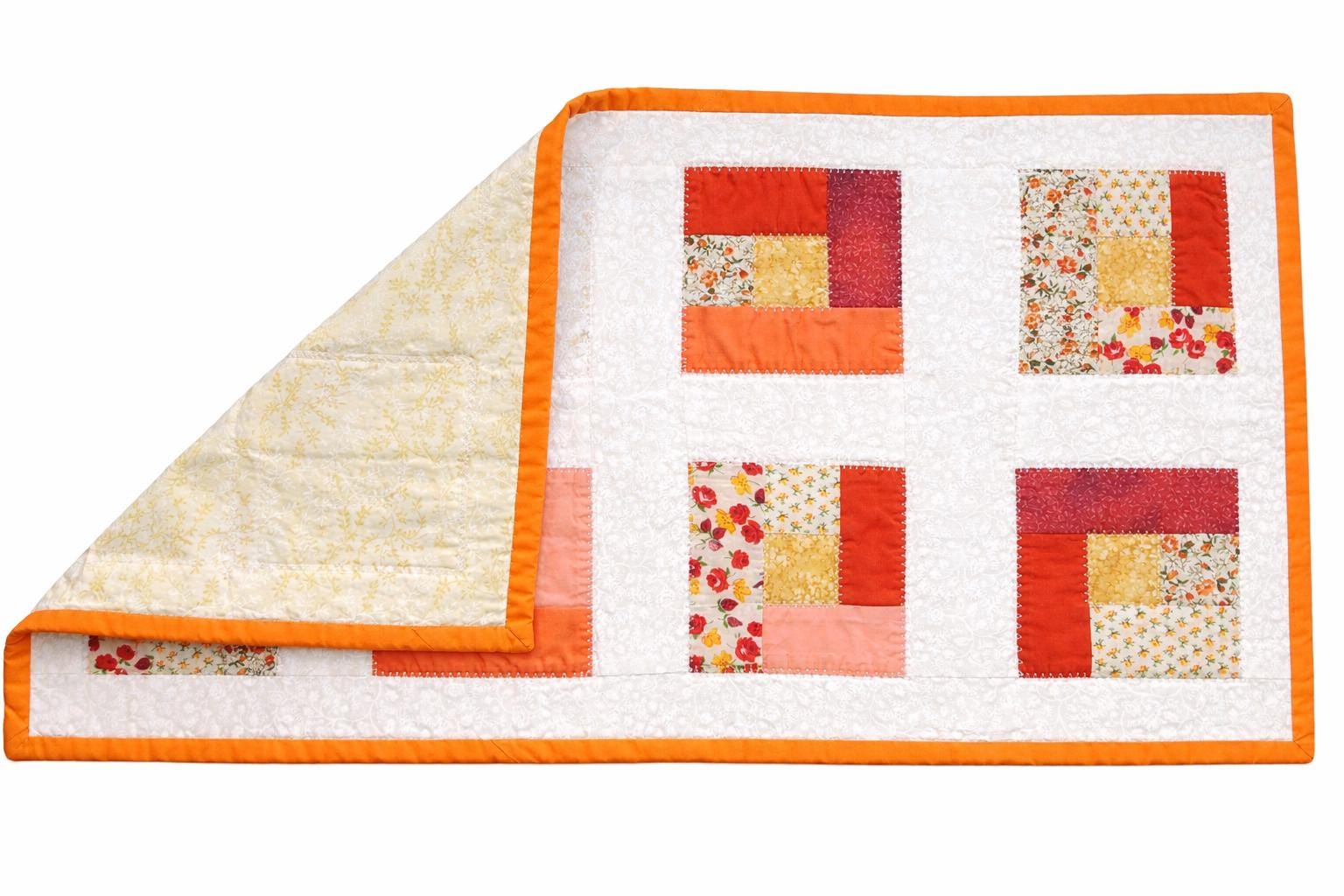 Handmade Log Cabin Patchwork Table Runner: Orange & Yellow Quilted Topper