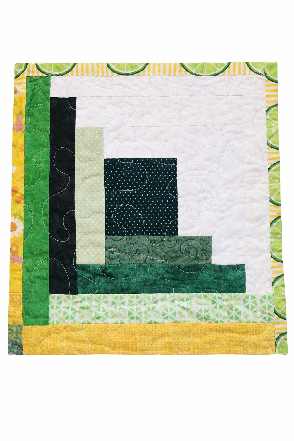 Patchwork Log Cabin Table Topper – 17" Square – Yellow & Green Quilted Mat
