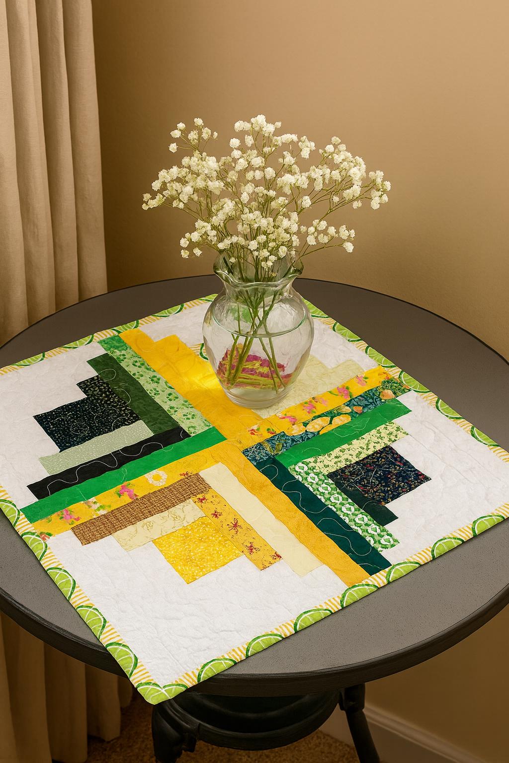 Patchwork Log Cabin Table Topper – 17" Square – Yellow & Green Quilted Mat