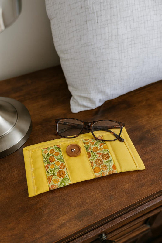 Quilted Fabric Case – Yellow & Goldenrod Floral – Eyewear Pouch with Button Closure – Multi-Purpose Organizer