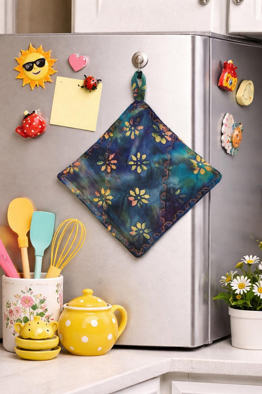 Handmade Batik Quilted Potholder – Blue, Green & Yellow Floral Cotton Pot Holder