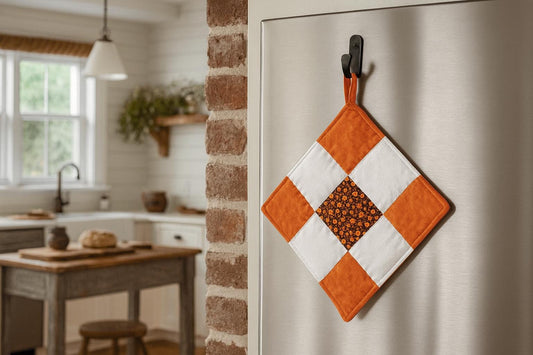 Handmade Nine Patch Quilted Potholder – Orange, Brown & White Trivet or Hot Pad
