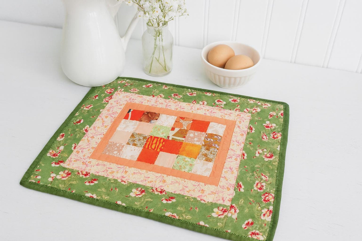 Handmade Quilted Table Topper Reversible Patchwork Floral and Gold Leaf 16" x 19"
