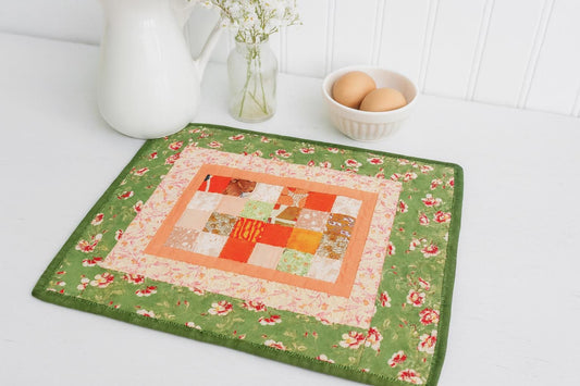 Handmade Quilted Table Topper Reversible Patchwork Floral and Gold Leaf 16" x 19"