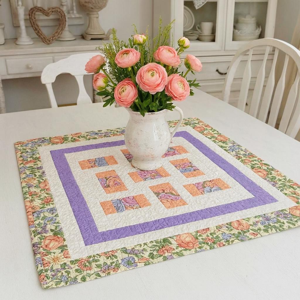 Quilted Table Topper 29" Square Soft Peach and Lavender Floral Spring Decor