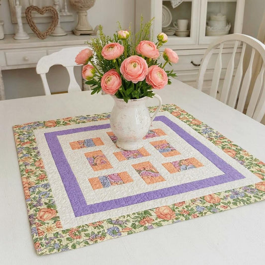 Quilted Table Topper 29" Square Soft Peach and Lavender Floral Spring Decor
