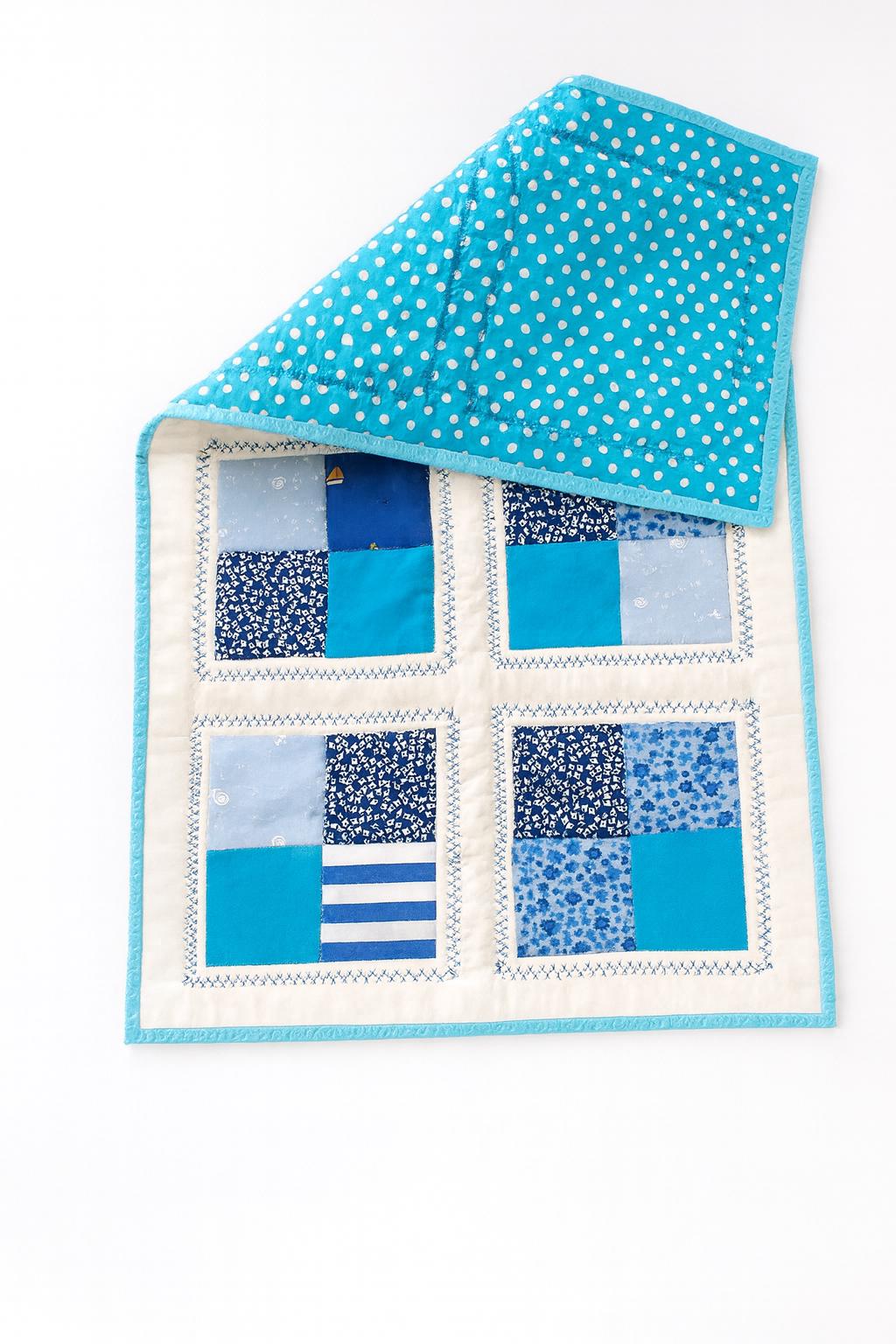 Quilted Baby Boy Table Runner 26 x 14 Light Blue Patchwork Dresser Decor