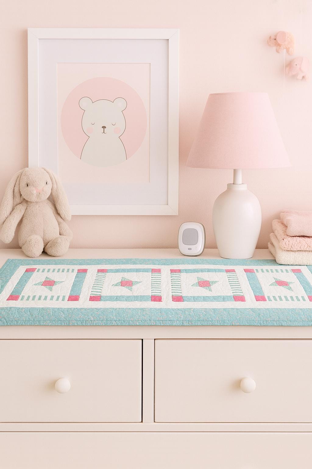 Sea Glass Quilted Table Runner: Beachy Pink Star Patchwork, 41.5 x 16
