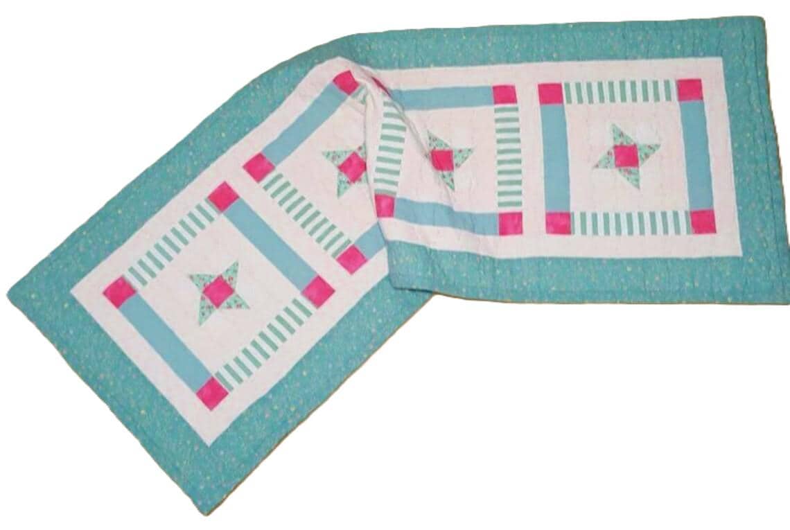 Sea Glass Quilted Table Runner: Beachy Pink Star Patchwork, 41.5 x 16