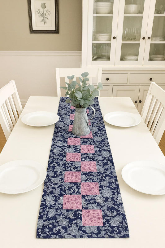 Handmade Blue Floral Quilted Table Runner, Reversible Cotton Patchwork, 10x48