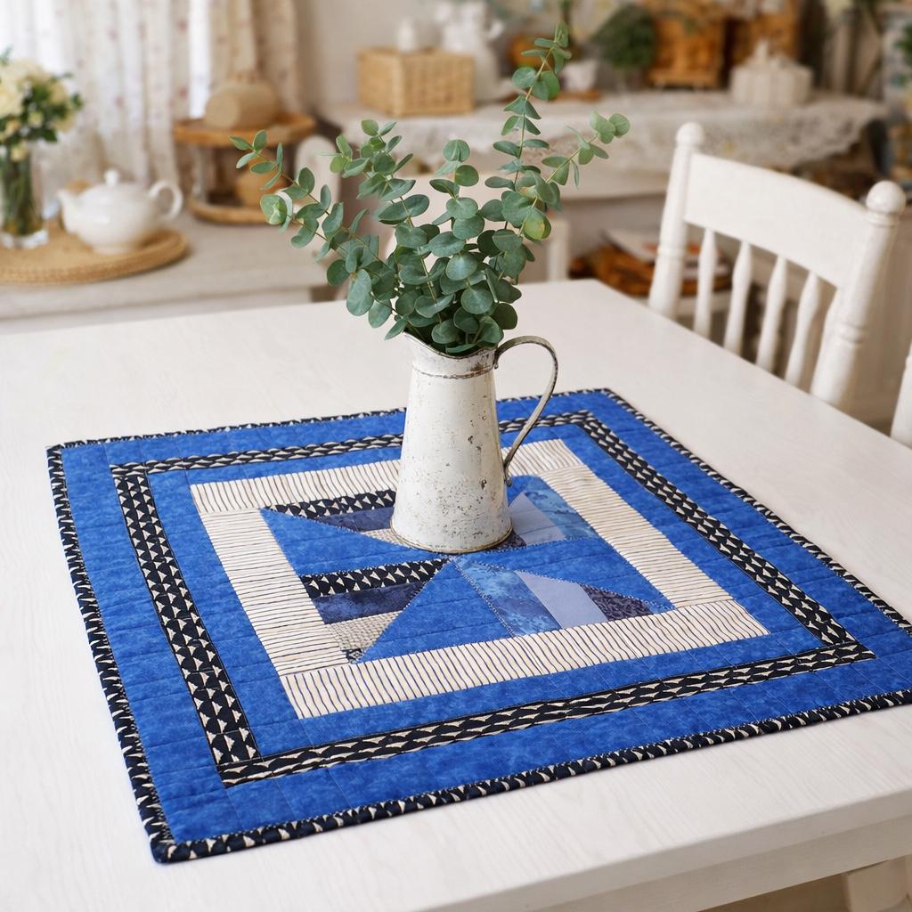 Blue & White Patchwork Table Topper – 26" Square - Farmhouse, Cottage