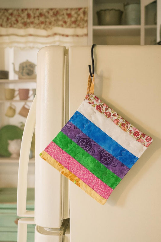 Handmade Quilted Patchwork Potholder – Multi-Color Strips – 8" Square Hot Pad or Trivet