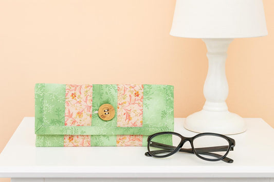 Quilted Fabric Eyewear Case – Lime Green, Peach Floral & Yellow – Button Closure – Multi‑Purpose Pouch