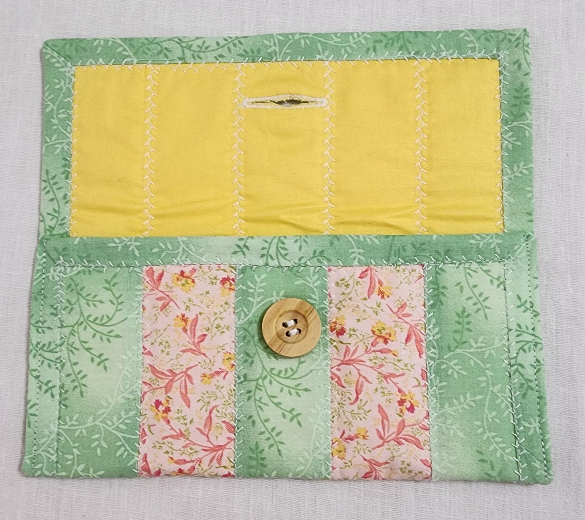 Quilted Fabric Eyewear Case – Lime Green, Peach Floral & Yellow – Button Closure – Multi‑Purpose Pouch