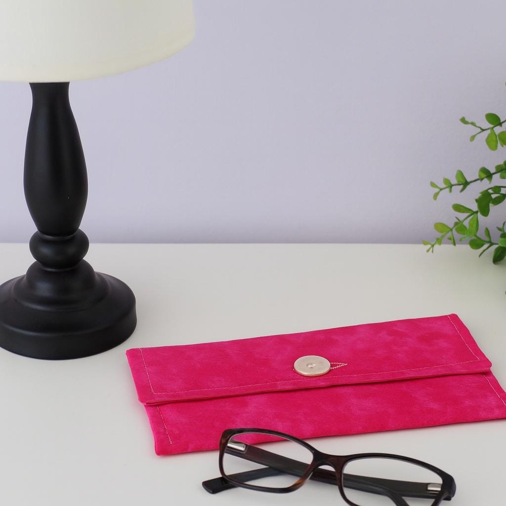 Soft Fabric Glasses Case, Hot Pink Strawberry Print, Button Closure