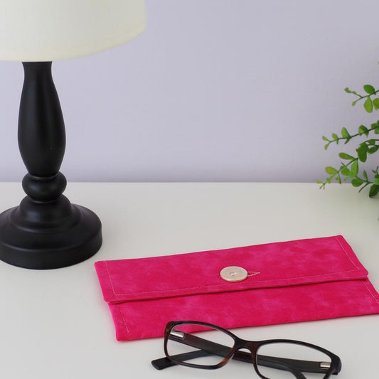 Soft Fabric Glasses Case, Hot Pink Strawberry Print, Button Closure