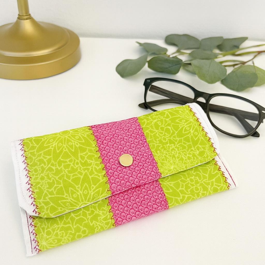 Quilted Fabric Eyewear Case – Pink & Spring Green – Snap Closure – Handmade Cotton Pouch