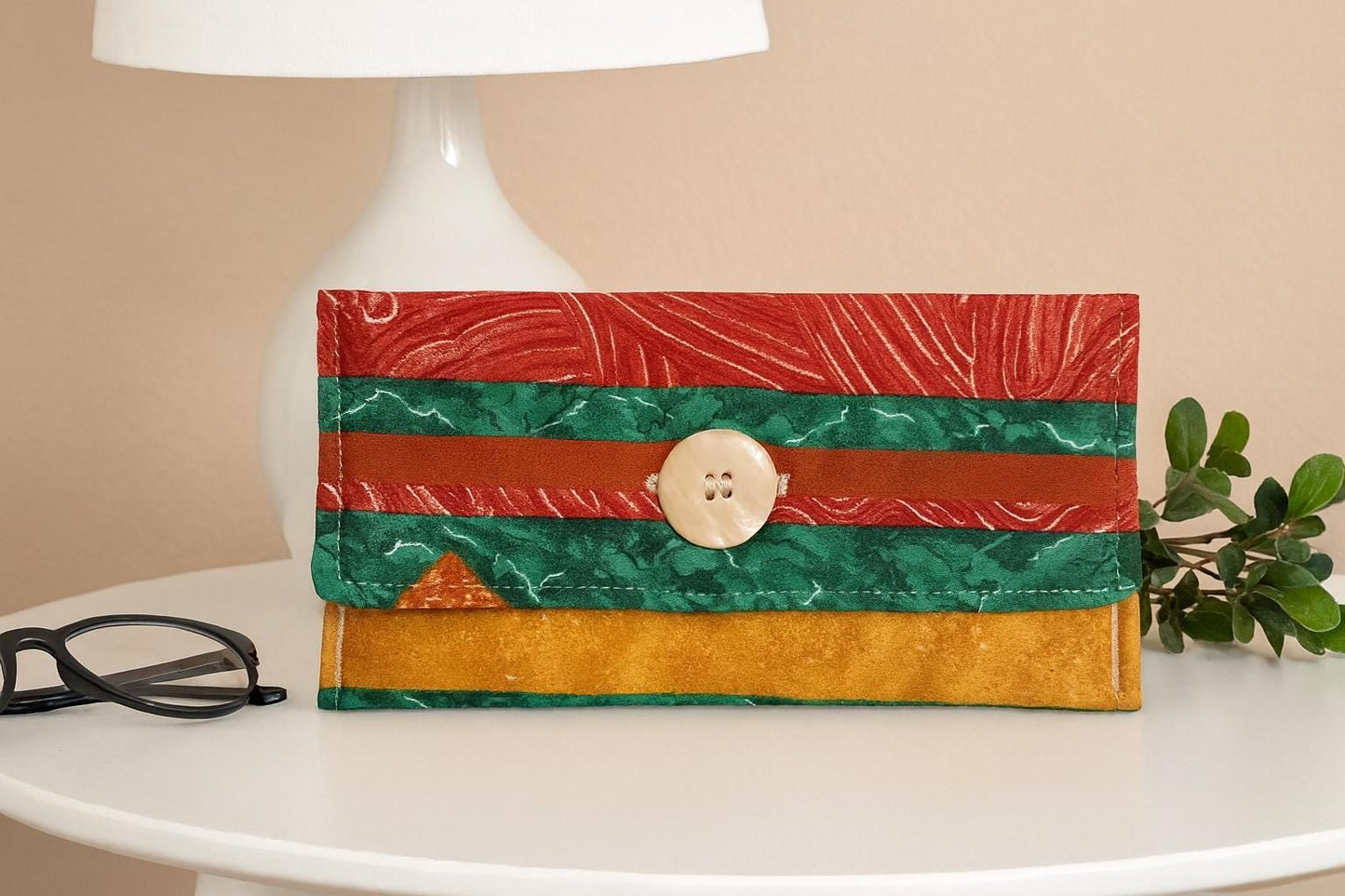 Quilted Fabric Eyewear Case – Autumn Stripe – Button Closure – Handmade Cotton Pouch