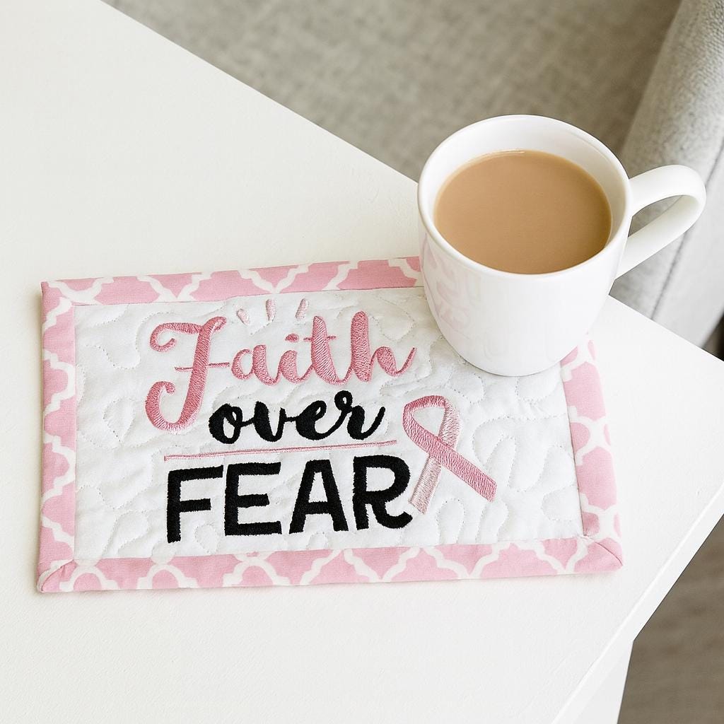 Faith Over Fear Quilted Mug Rug – Breast Cancer Gift Basket filler