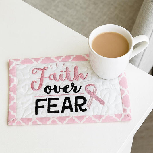 Faith Over Fear Quilted Mug Rug – Breast Cancer Gift Basket filler