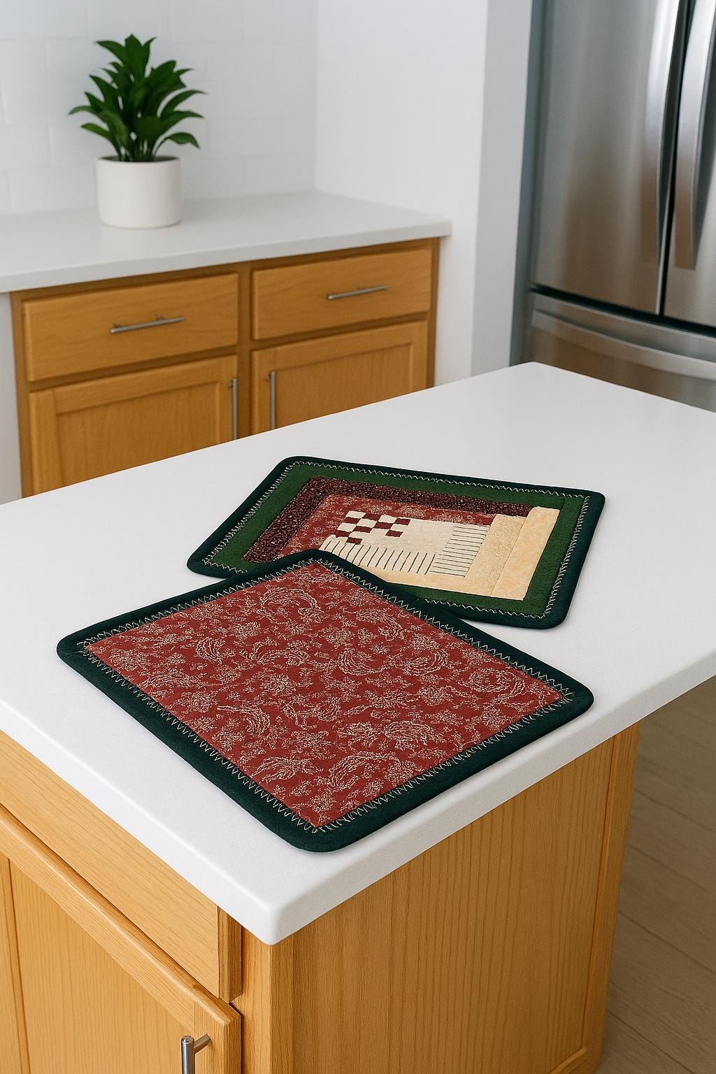 Log Cabin Quilted Mini Quilts • Burgundy & Green Patchwork Mug Rug • Oversized Cotton Coaster