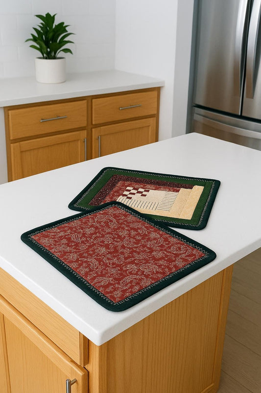 Log Cabin Quilted Mini Quilts • Burgundy & Green Patchwork Mug Rug • Oversized Cotton Coaster