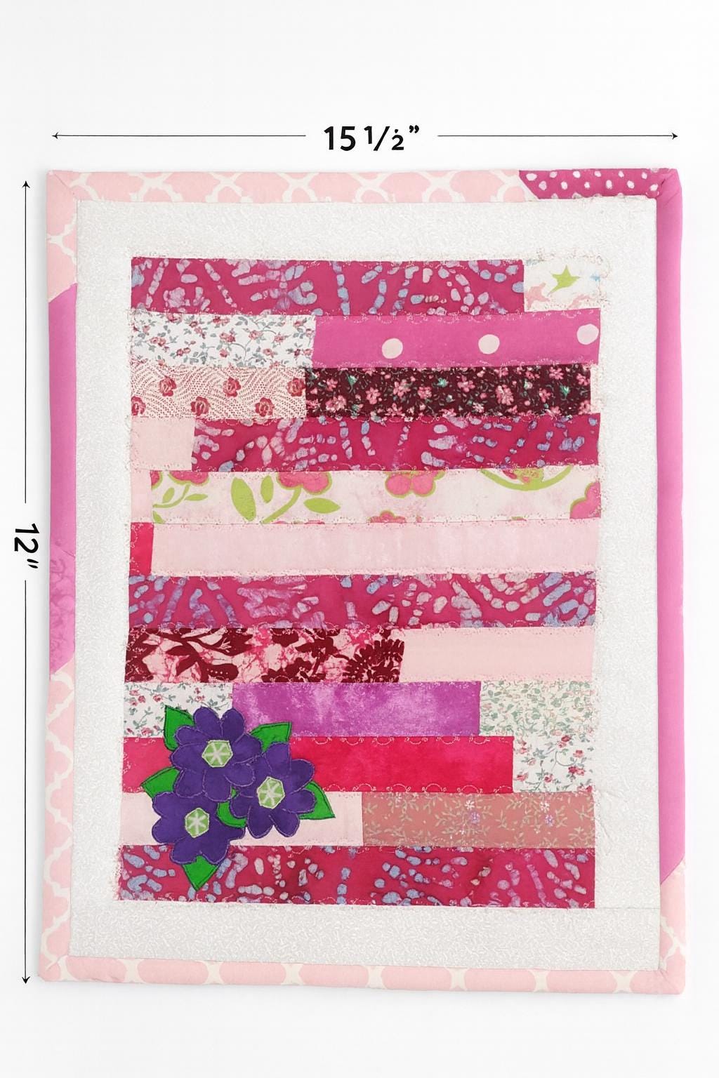 Patchwork Doll Quilt, Table Mat – Pink Strip Quilt with Appliqué Flowers