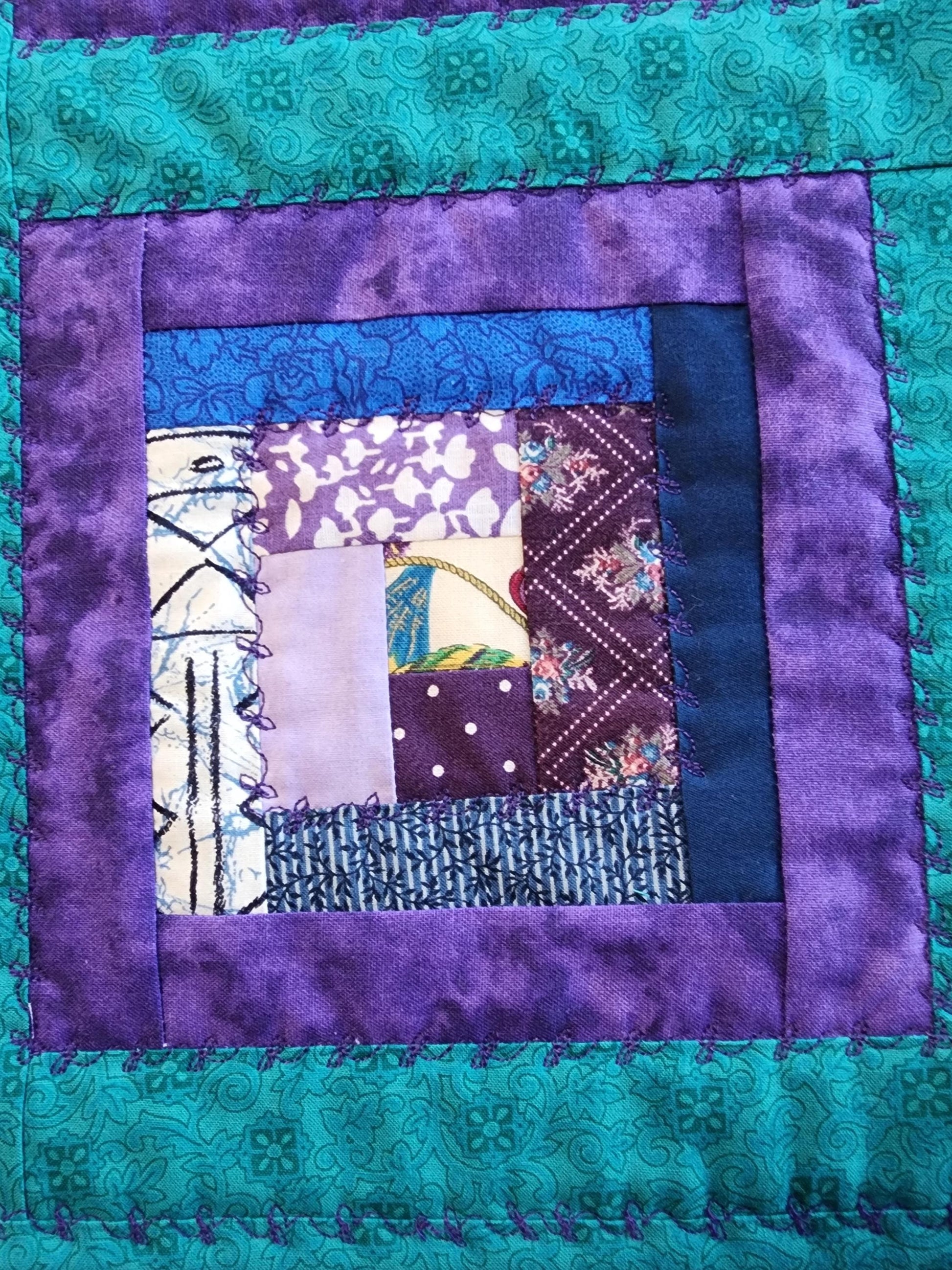 Teal and purple quilted Log cabin table topper