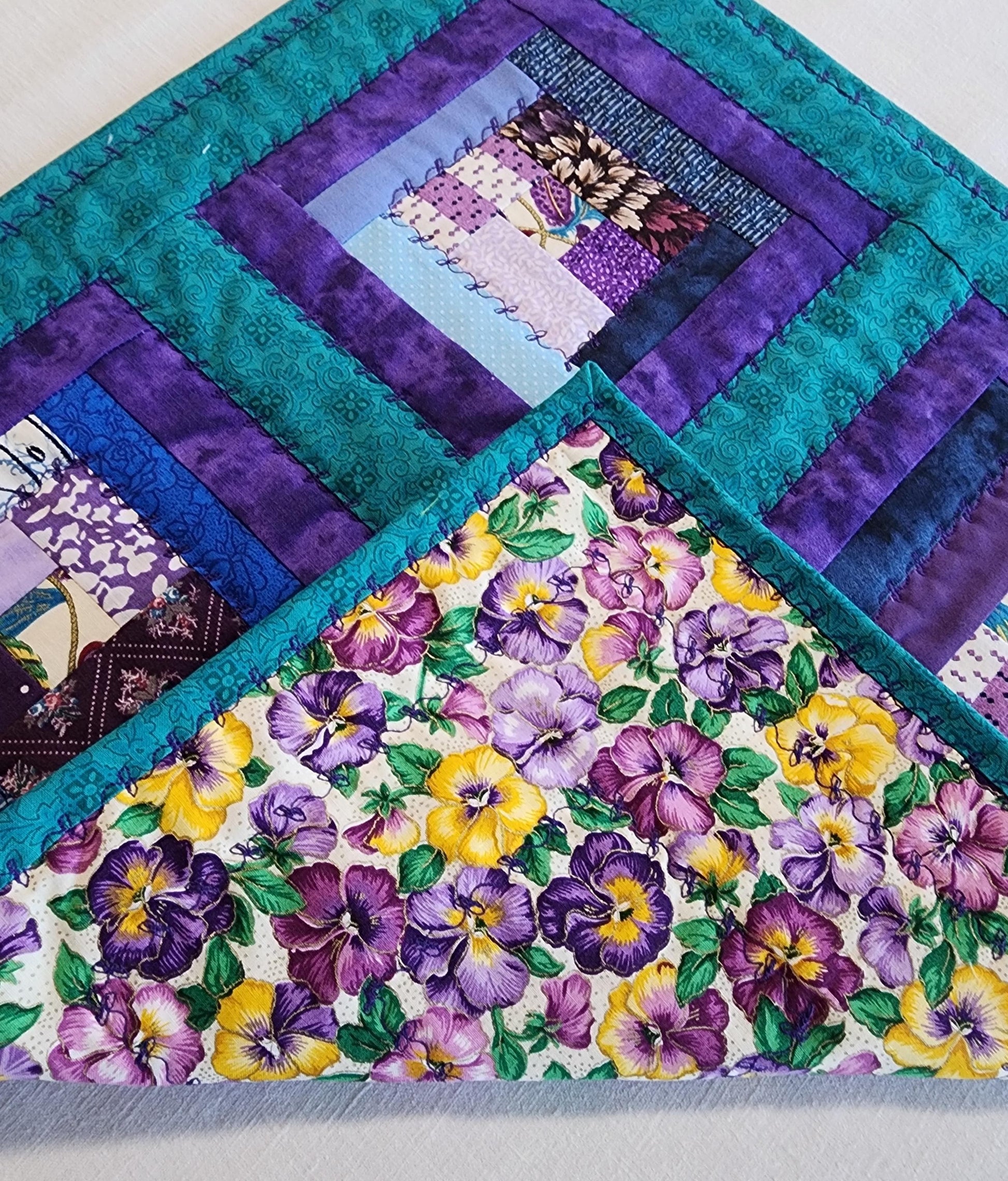 Teal and purple quilted Log cabin table topper