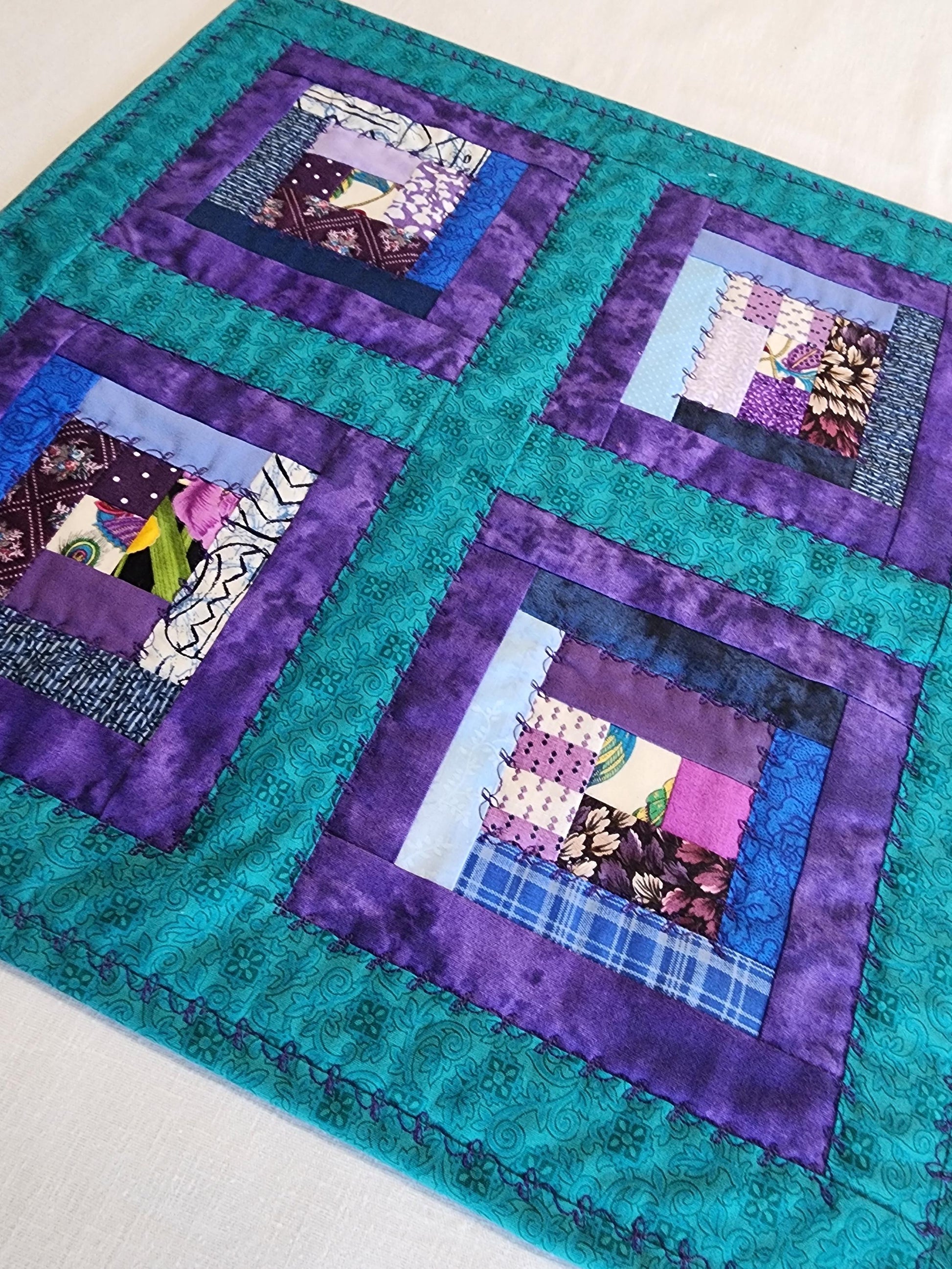 Teal and purple quilted Log cabin table topper