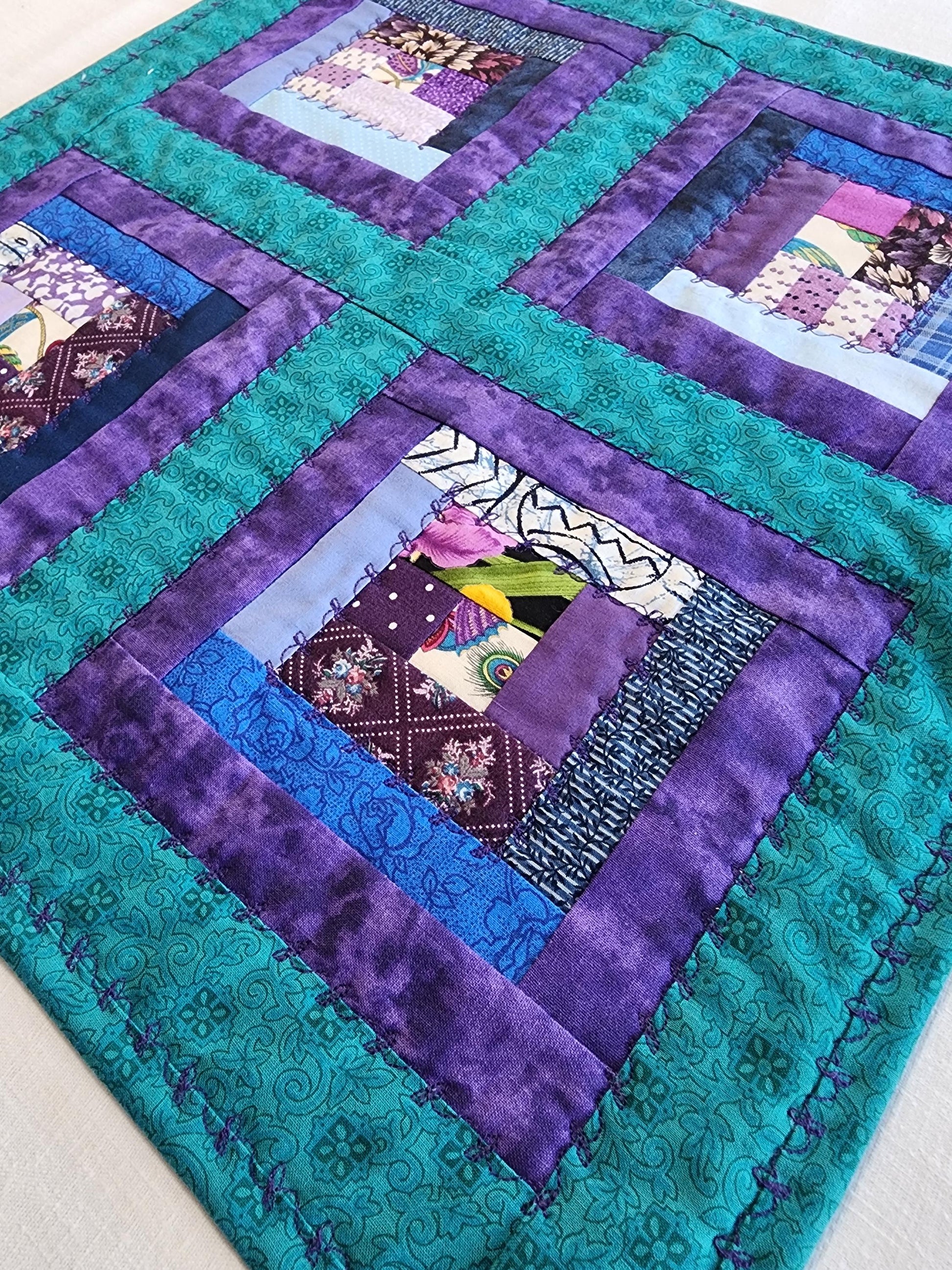 Teal and purple quilted Log cabin table topper