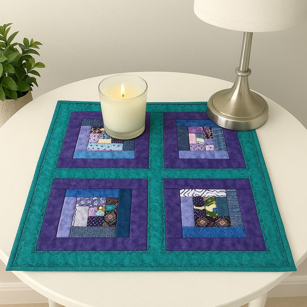 Teal and purple quilted Log cabin table topper