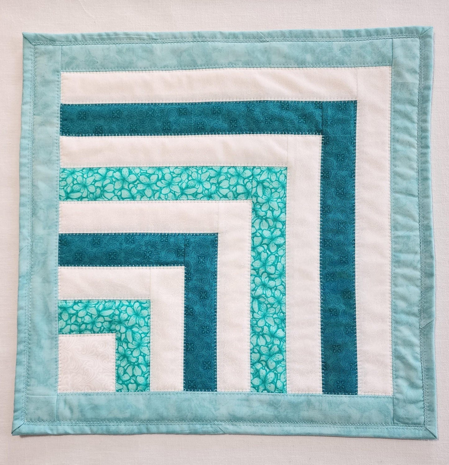 Teal & White Quilted Table Topper – Reversible – 26" Square