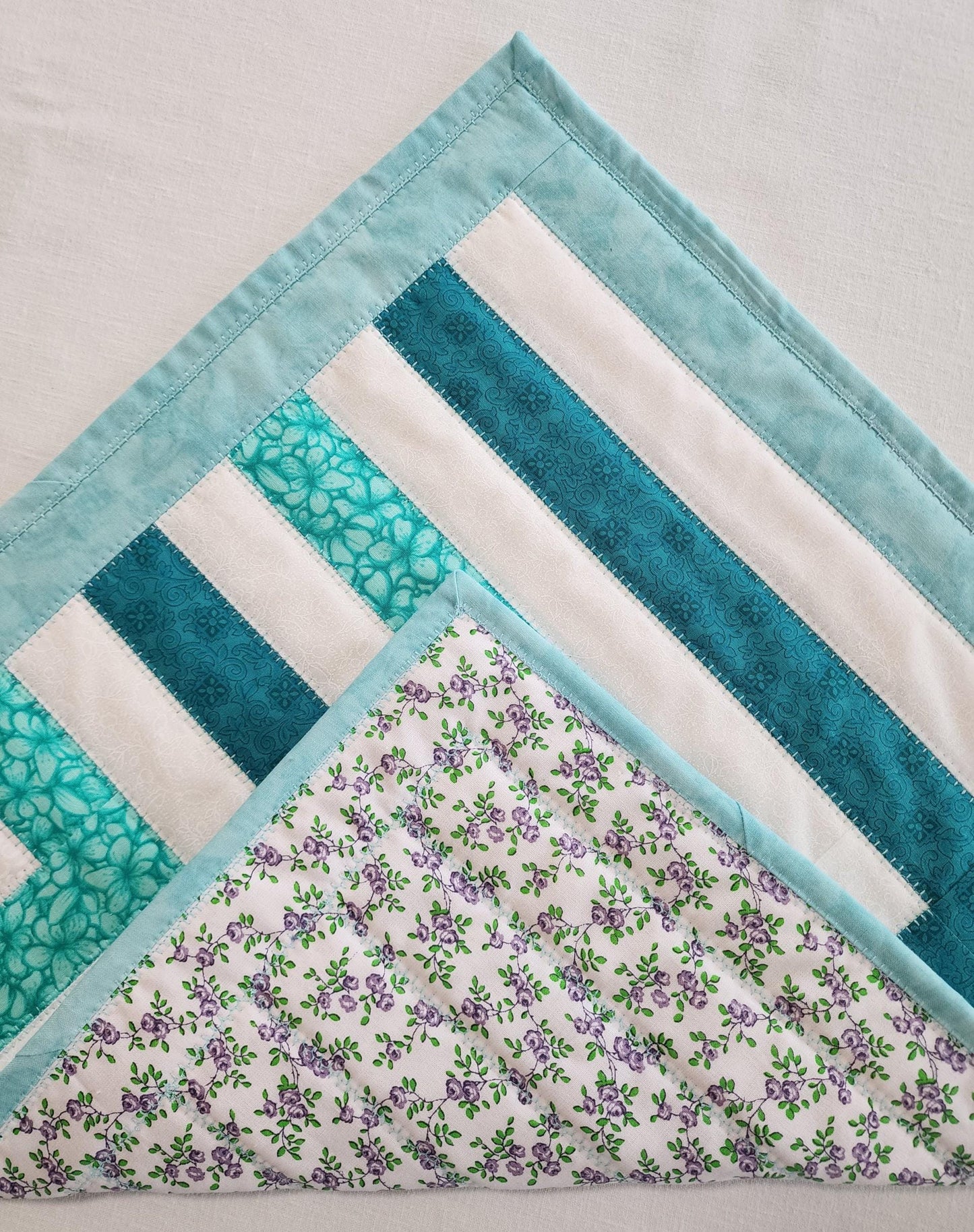 Teal & White Quilted Table Topper – Reversible – 26" Square