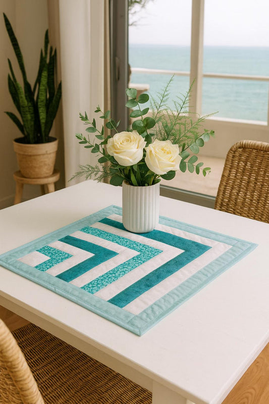 Teal & White Quilted Table Topper – Reversible – 26" Square