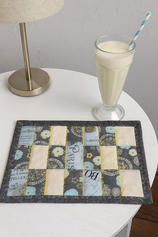 Gray & Yellow Quilted Mug Rug • Oversized Cotton Coaster • Patchwork Desk Mat