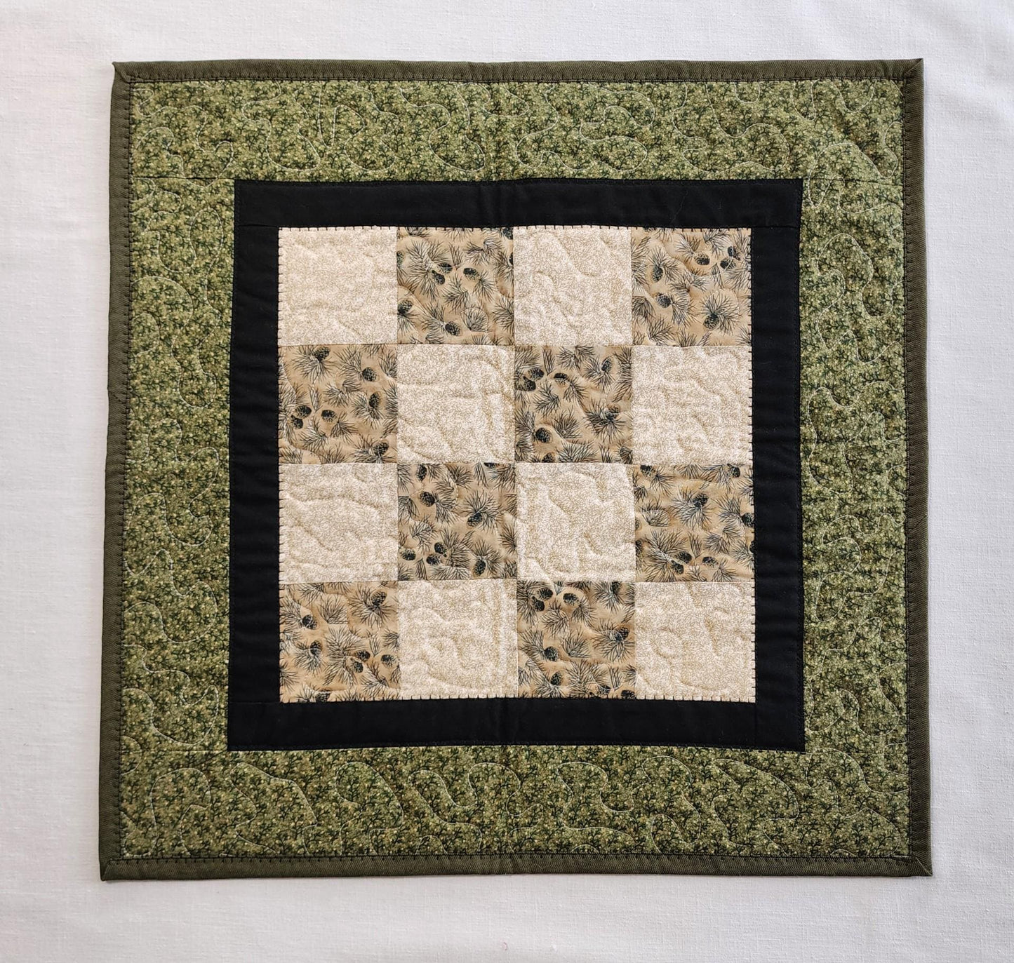 Rustic Pinecone Patchwork Table Topper • Cabin Decor • Handmade Cotton Quilt • 20" Square