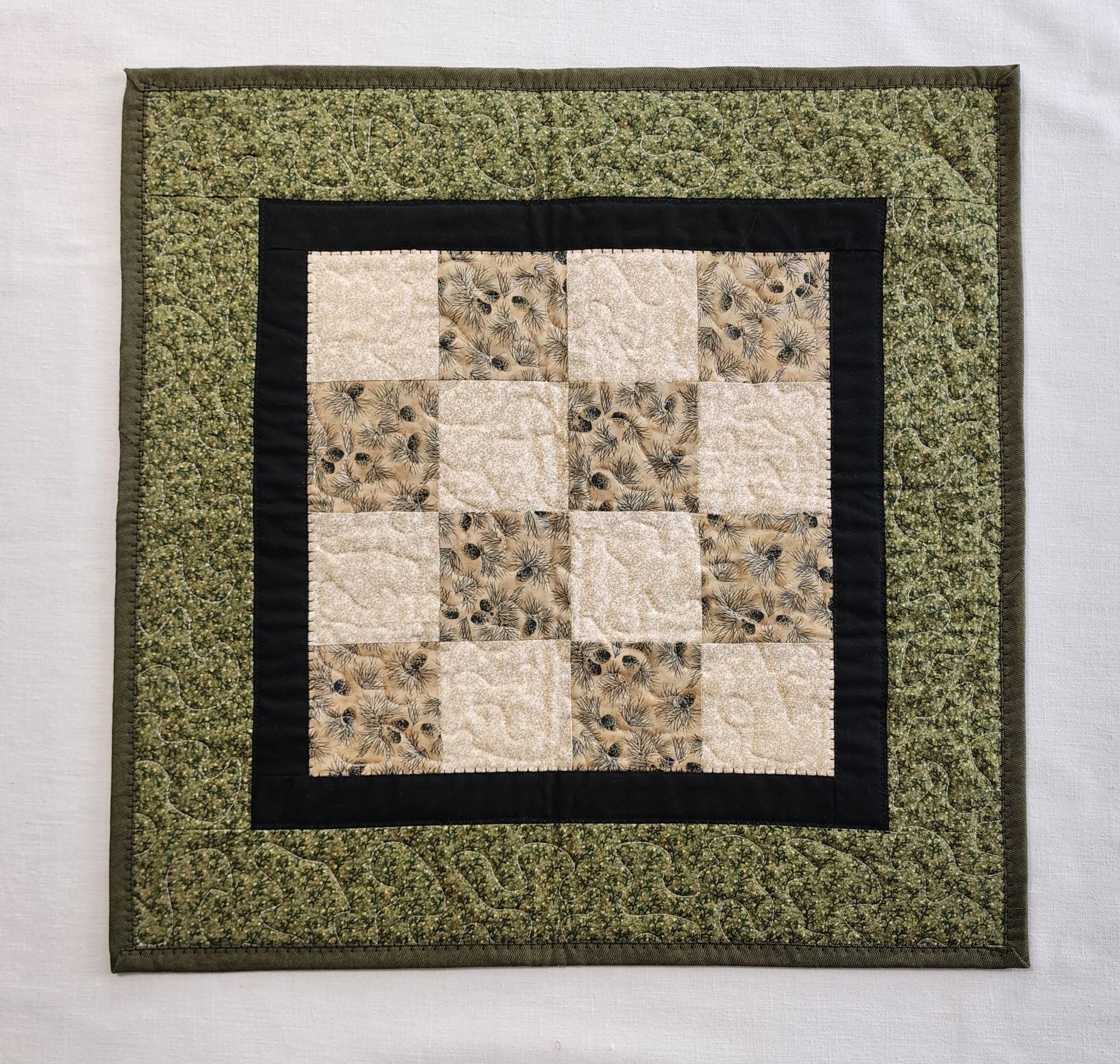 Rustic Pinecone Patchwork Table Topper • Cabin Decor • Handmade Cotton Quilt • 20" Square