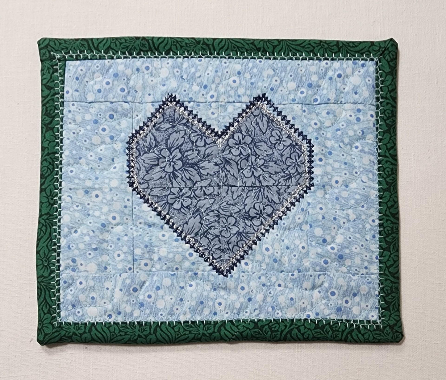 Quilted Blue and Green Heart Mug Rug – Reversible – 100% Cotton