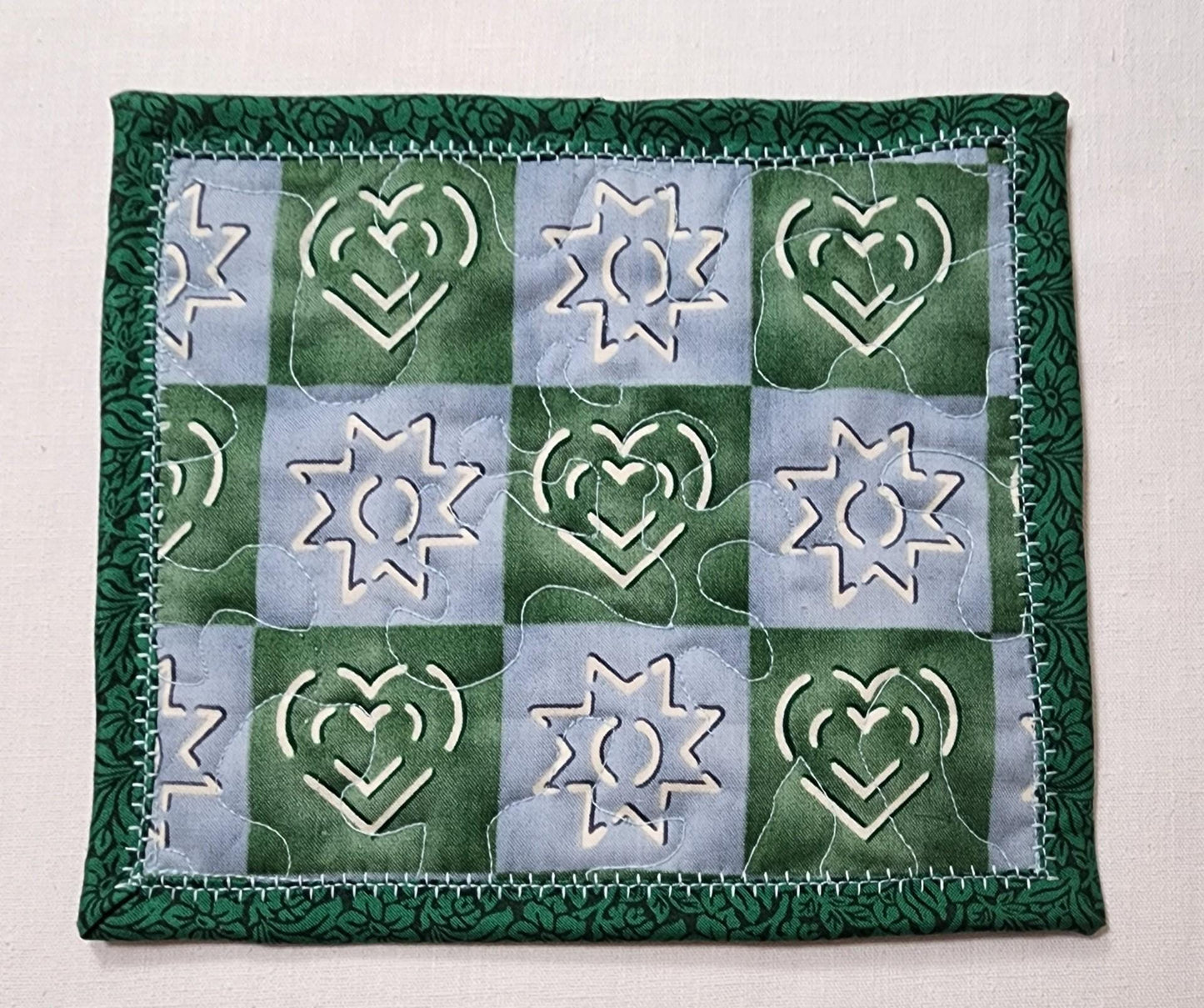 Quilted Blue and Green Heart Mug Rug – Reversible – 100% Cotton