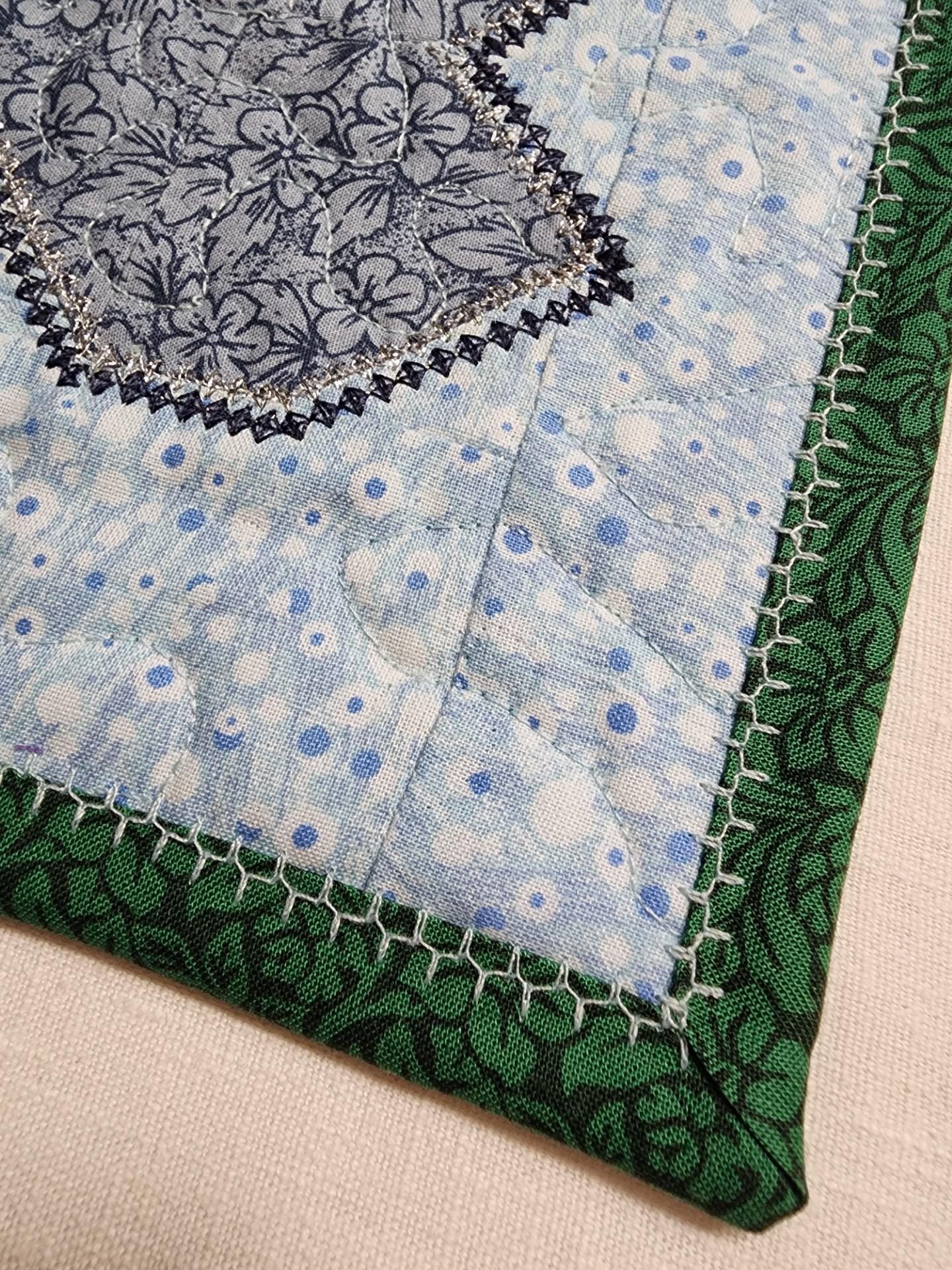 Quilted Blue and Green Heart Mug Rug – Reversible – 100% Cotton