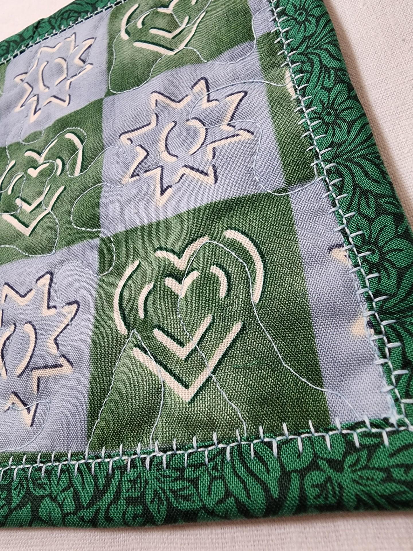 Quilted Blue and Green Heart Mug Rug – Reversible – 100% Cotton