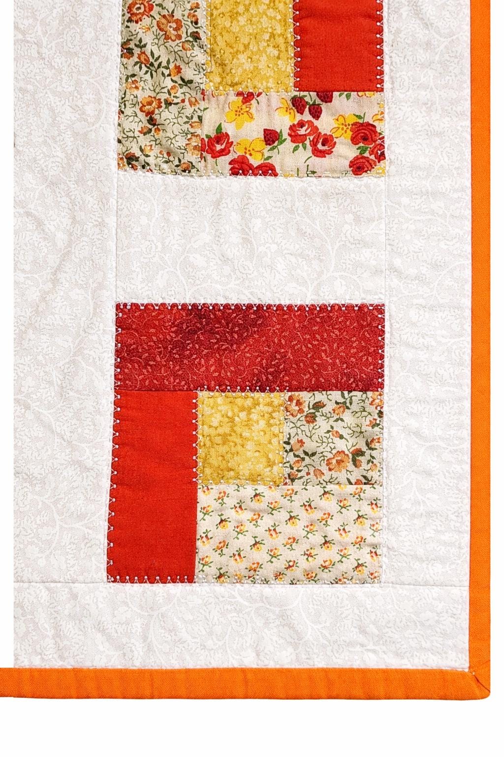 Handmade Log Cabin Patchwork Table Runner: Orange & Yellow Quilted Topper