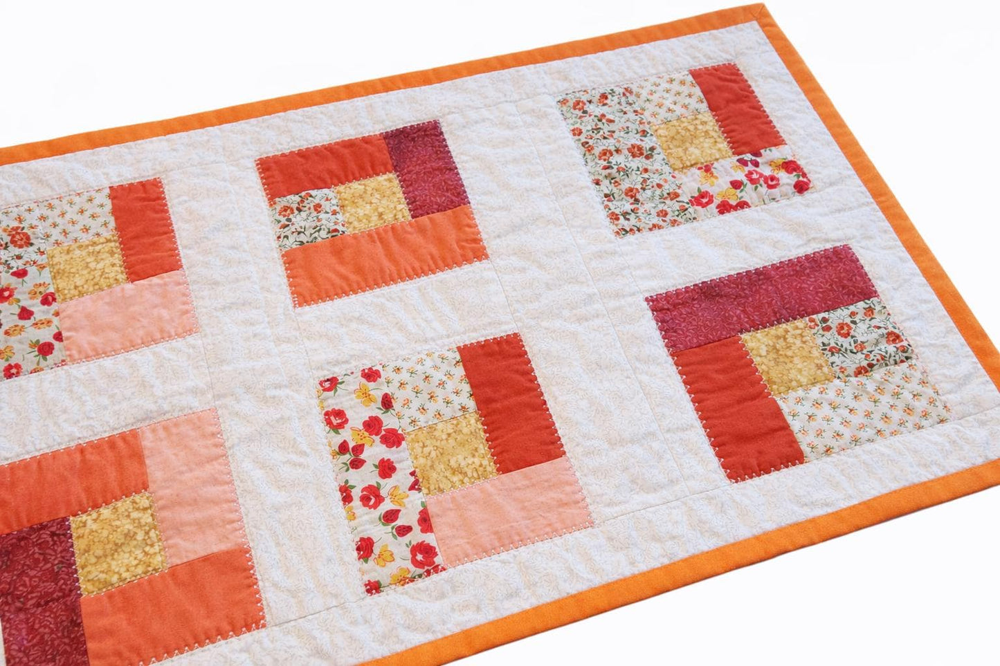 Handmade Log Cabin Patchwork Table Runner: Orange & Yellow Quilted Topper