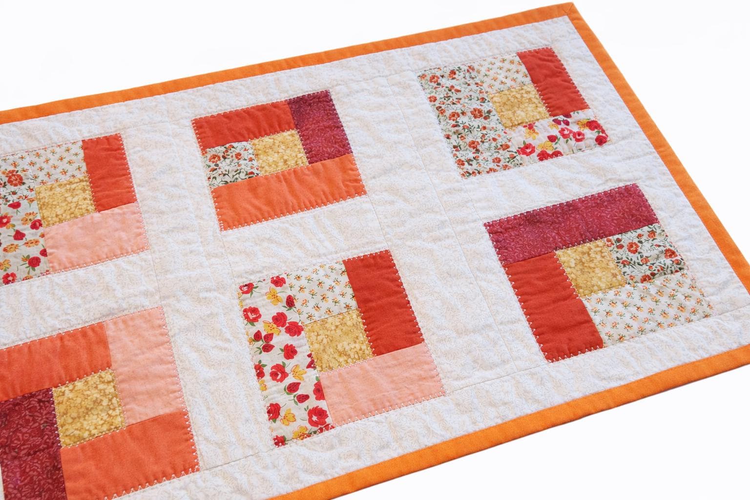 Handmade Log Cabin Patchwork Table Runner: Orange & Yellow Quilted Topper