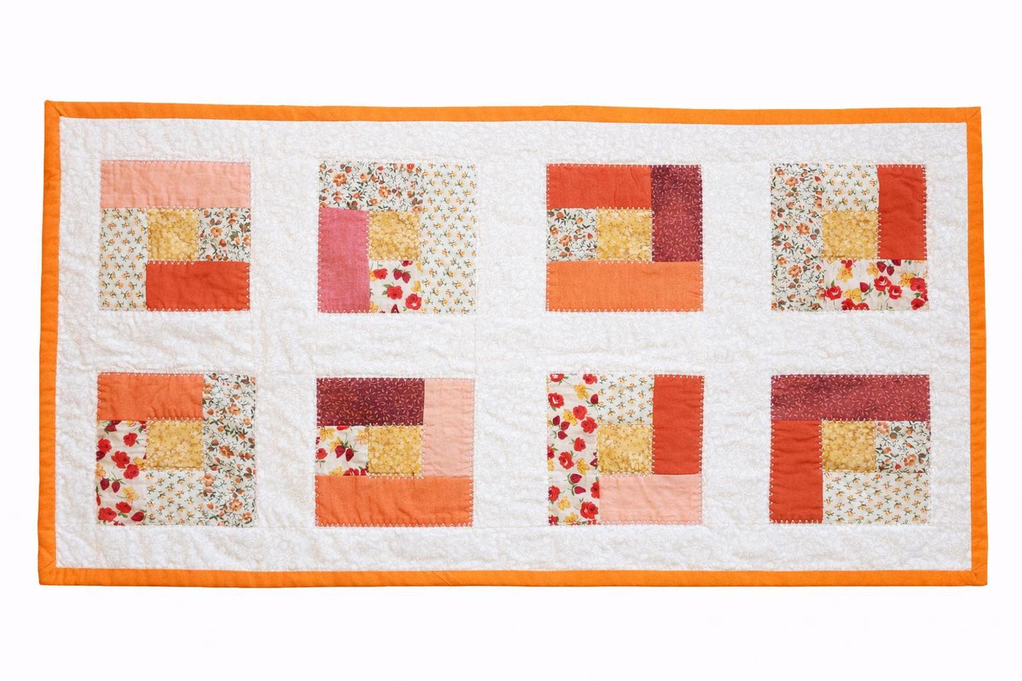 Handmade Log Cabin Patchwork Table Runner: Orange & Yellow Quilted Topper